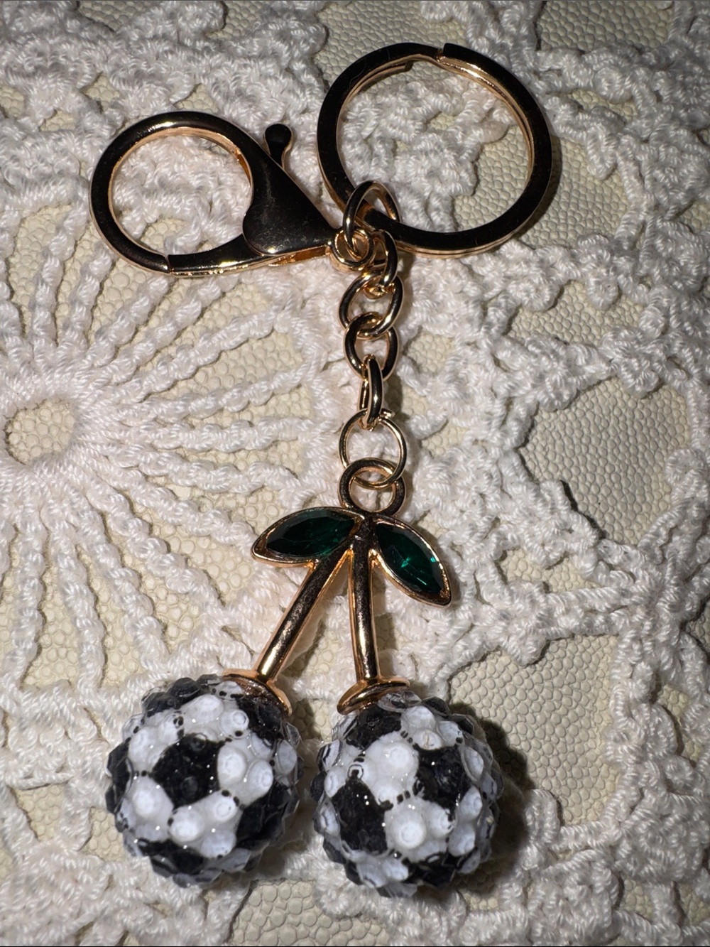 Soccer Gold-Tone Cherry Keychain with Black & White Crystal Cherries
